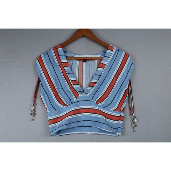 Studio F Women Top XXS Decorative Charms Vneck Sleeveless Striped Red Blue White - Picture 1 of 12